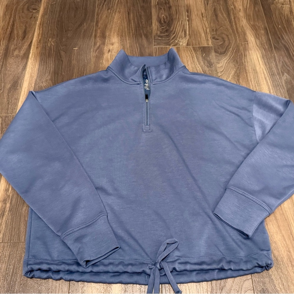 Gaiam Blue Cropped Quarter-Zip Sweater with drawstring